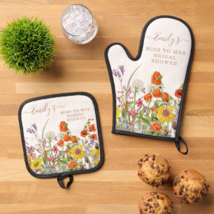 Kleurrijke Wilde Bloemen Miss To Mrs Bruidsfeest Ovenwant & Pannenlap Set