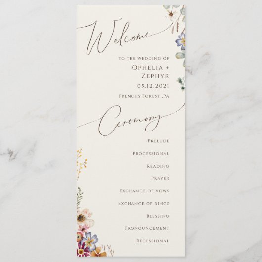 Kleurrijke Wilde Bloementuin | Beige Bruiloft Programma (Voorkant)
