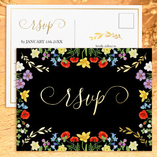 Kleurrijke Wildflower Black en Gold Wedding RSVP Folie Feestdagen Briefkaart