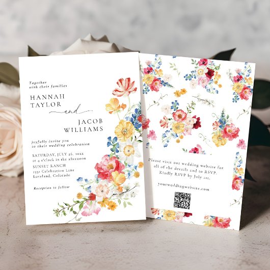 Kleurrijke Wildflower Bloemen QR Code RSVP Huwelij Kaart