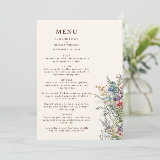 Kleurrijke Wildflower Bloemen Waterverf Bruiloft Menu (Staand voorkant)