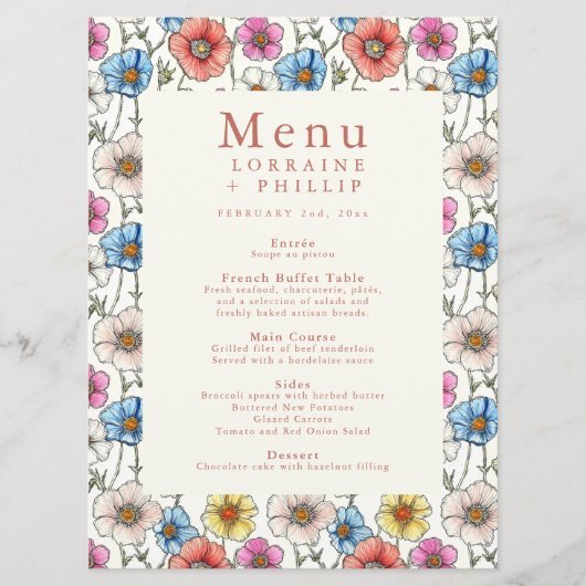 kleurrijke wildflower bruiloft menu (Voorkant)