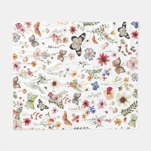 Kleurrijke Wildflower Vlinders Botanisch Fleece Deken (Voorkant (Horizontaal))