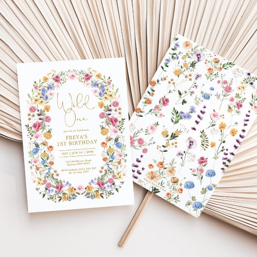 Kleurrijke Wildflower Wild One 1st Birthday Party Kaart