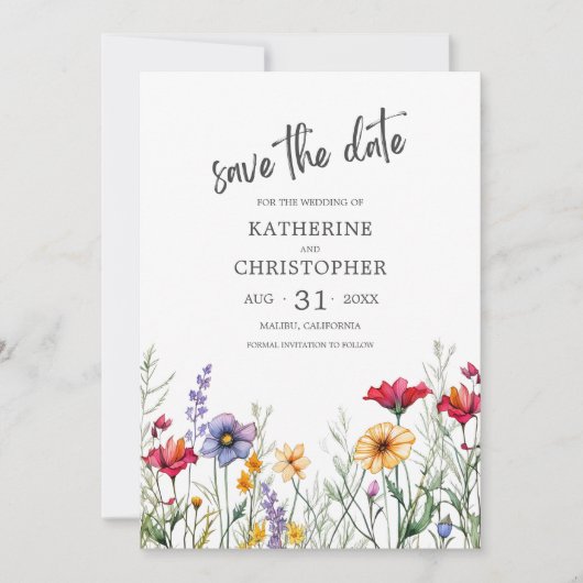 Kleurrijke Wildflowers Elegant Wedding Save The Date (Voorkant)