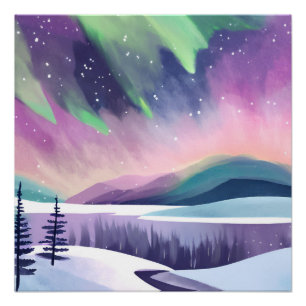 Kleurrijke Winter Nacht met Noorderlicht Waterve Perfect Poster
