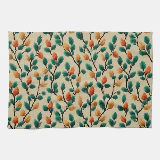 Kleurrijke Winter Pinecone Branches Theedoek (Horizontaal)