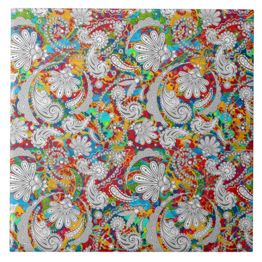  kleurrijke witte paisleypatronen tegeltje (Voorkant)