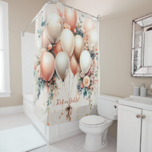 Kleurrijke Witte Perzik Bloemen Ballonnen Elegant Douchegordijn