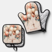 Kleurrijke Witte Perzik Bloemen Ballonnen Elegant  Ovenwant & Pannenlap Set (Voorkant / Achterkant)
