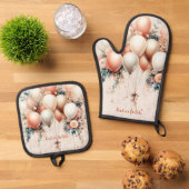 Kleurrijke Witte Perzik Bloemen Ballonnen Elegant  Ovenwant & Pannenlap Set (Top down)