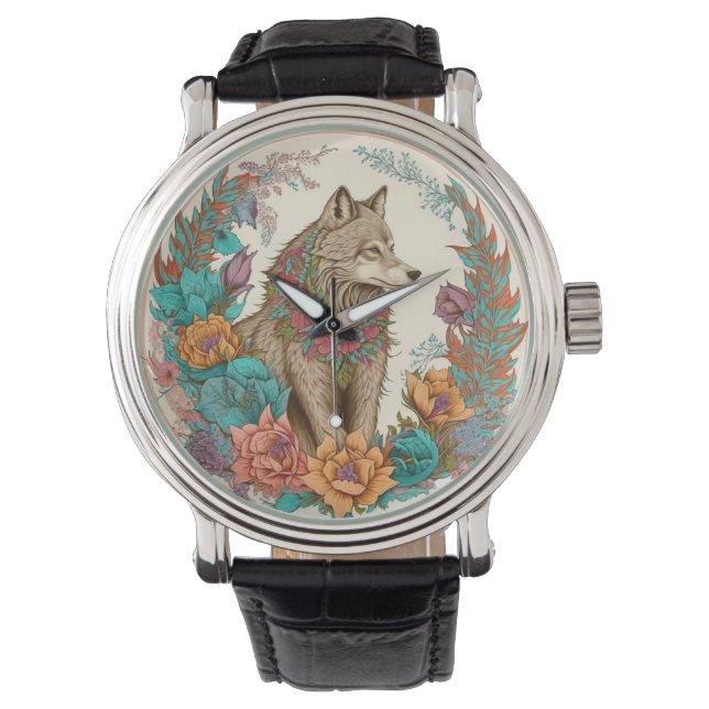 kleurrijke wolf met bloemen horloge (Voorkant)