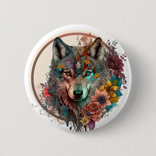 kleurrijke wolf met bloemen ronde button 5,7 cm (Voorkant)