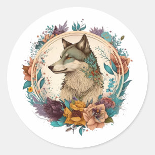 kleurrijke wolf met bloemen ronde sticker