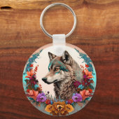 kleurrijke wolf met bloemen sleutelhanger (Achterkant)