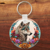 kleurrijke wolf met bloemen sleutelhanger (Voorkant)