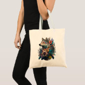 kleurrijke wolf met bloemen tote bag (Voorkant (product))