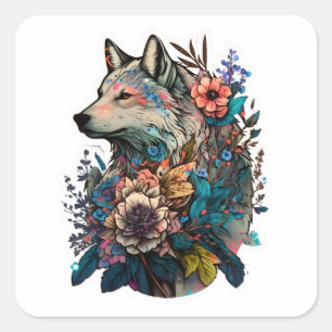 kleurrijke wolf met bloemen vierkante sticker