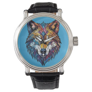 Kleurrijke wolfssilhouet in mozaïek glas-in-lood horloge