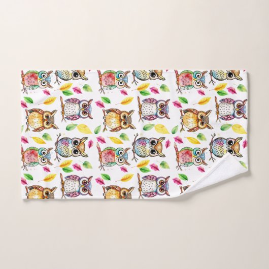 Kleurrijke Woodland Uilen en bladeren Waterverf Bad Handdoek (Handdoek)