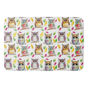Kleurrijke Woodland Uilen en bladeren Waterverf Badmat