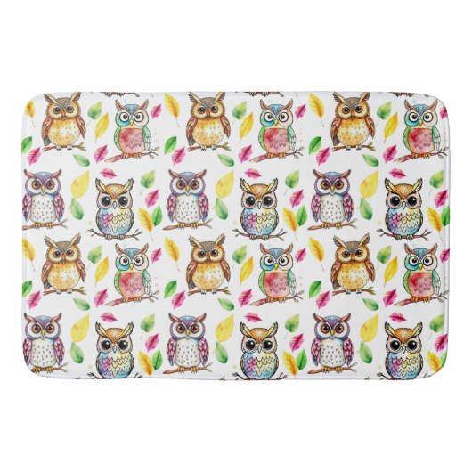 Kleurrijke Woodland Uilen en bladeren Waterverf Badmat (Voorkant)