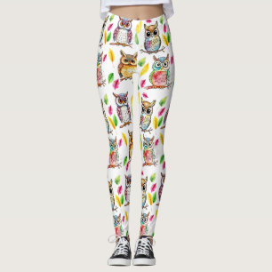 Kleurrijke Woodland Uilen en bladeren Waterverf Leggings