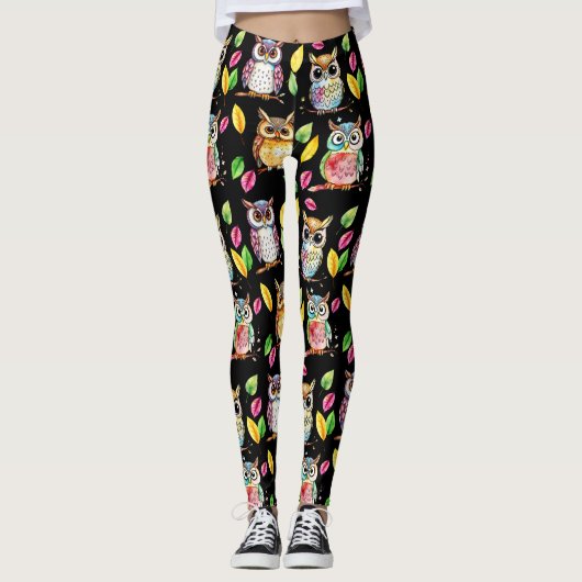Kleurrijke Woodland Uilen en bladeren Waterverf Leggings (Voorkant)