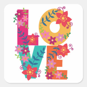 Kleurrijke woordliefde versierd met bloemen vierkante sticker
