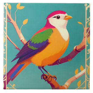 Kleurrijke Zangvogel op Bloeiende Tak Tegeltje