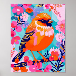 Kleurrijke Zangvogelposter – Levendig Bloemendesig Poster