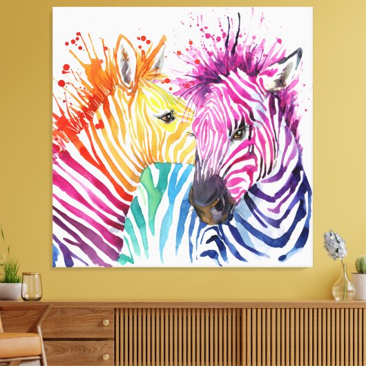 Kleurrijke Zebras Large waterverf Art Canvas afdru (Insitu (Woonkamer))