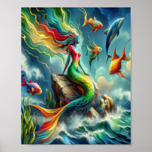Kleurrijke Zeemeermin Zittend op Rocky Shore 8x10 Poster
