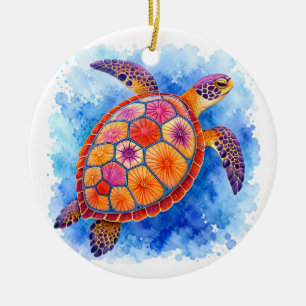 Kleurrijke zeeschildpad onderwater oceaan keramisch ornament