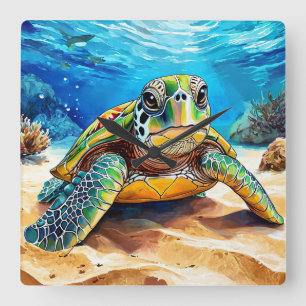 Kleurrijke Zeeschildpad Vierkante Klok