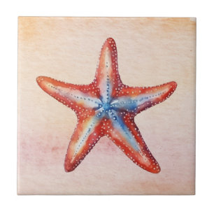 Kleurrijke zeester waterverf kunstwerk Roze Blauw Tegeltje