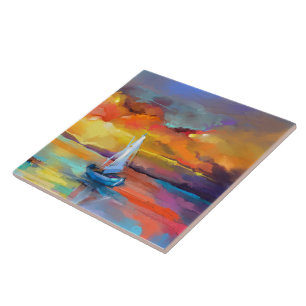 Kleurrijke Zeilboot Zonsondergang Abstracte Kunst Tegeltje