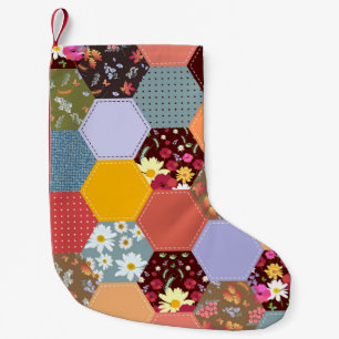 Kleurrijke zeshoek bloemen quilten ontwerp kleine kerstsok