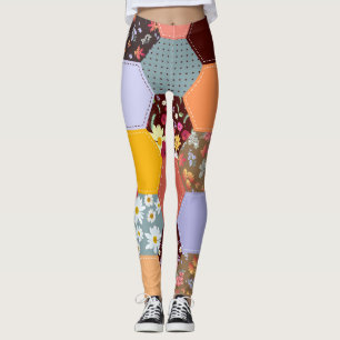 Kleurrijke zeshoek bloemen quilten ontwerp leggings
