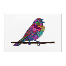 Kleurrijke zingende vogel op tak muurkunst