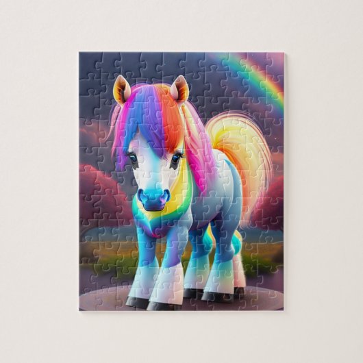 Kleurrijke zoete Pony met regenboog, neonlichten P Legpuzzel (Verticaal)
