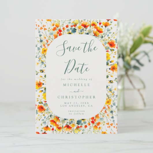Kleurrijke zomer bloemenbruiloft save the date (Staand voorkant)