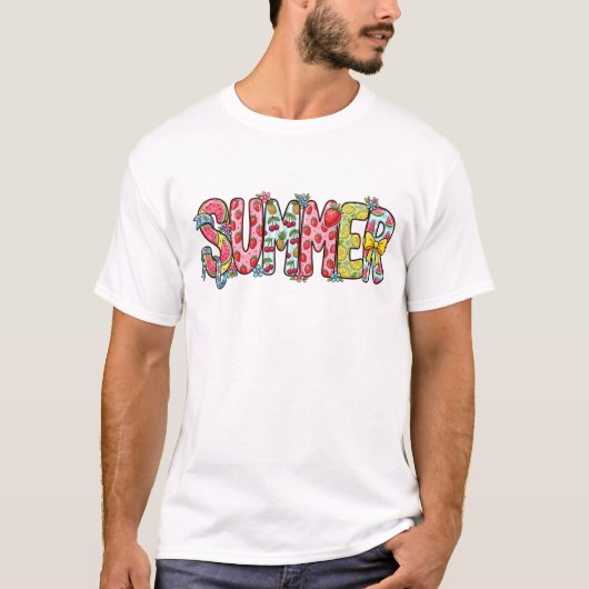 Kleurrijke Zomer Fruit Doodle Typografie Grafisch T-shirt (Voorkant)