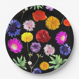 Kleurrijke zomerbloemen op zwarte achtergrond papieren bordje