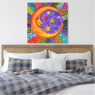 Kleurrijke Zon, Maan en Sterren Ingepakte Canvas Afdruk