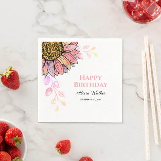 Kleurrijke Zonnebloem Bloemen Perzik Leaf Verjaard Servet (Insitu)