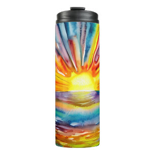 Kleurrijke zonsondergang boven het water Aquarel Thermosbeker
