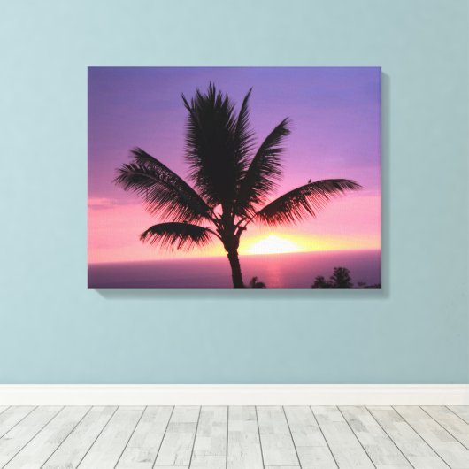 Kleurrijke Zonsondergang en Palmboom Canvas Print (Insitu (Houten vloer))