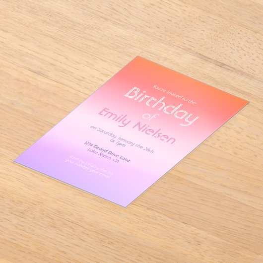 Kleurrijke Zonsondergang Ombre Moderne Verjaardags Acryl Uitnodigingen (Laagn)