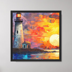 Kleurrijke Zonsondergang Vuurtoren Oceaan Fantasie Canvas Afdruk